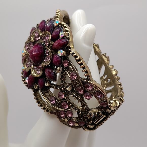 Purple Pink Rhinestone Hinged Bracelet, Victorian Style, 6 1/2 Inches - Picture 6 of 14